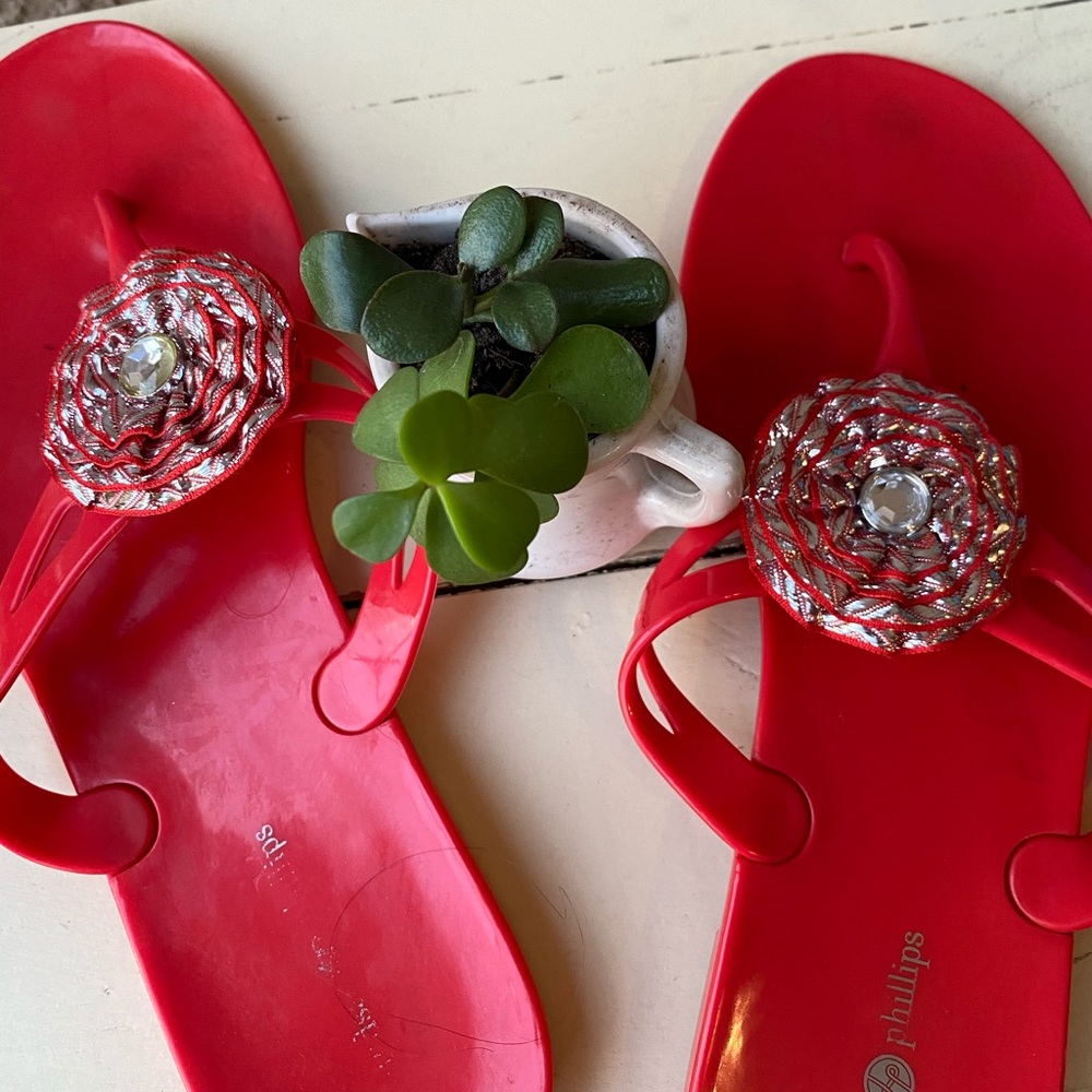 Lindsay Phillips Red Sandals with Floral Accent